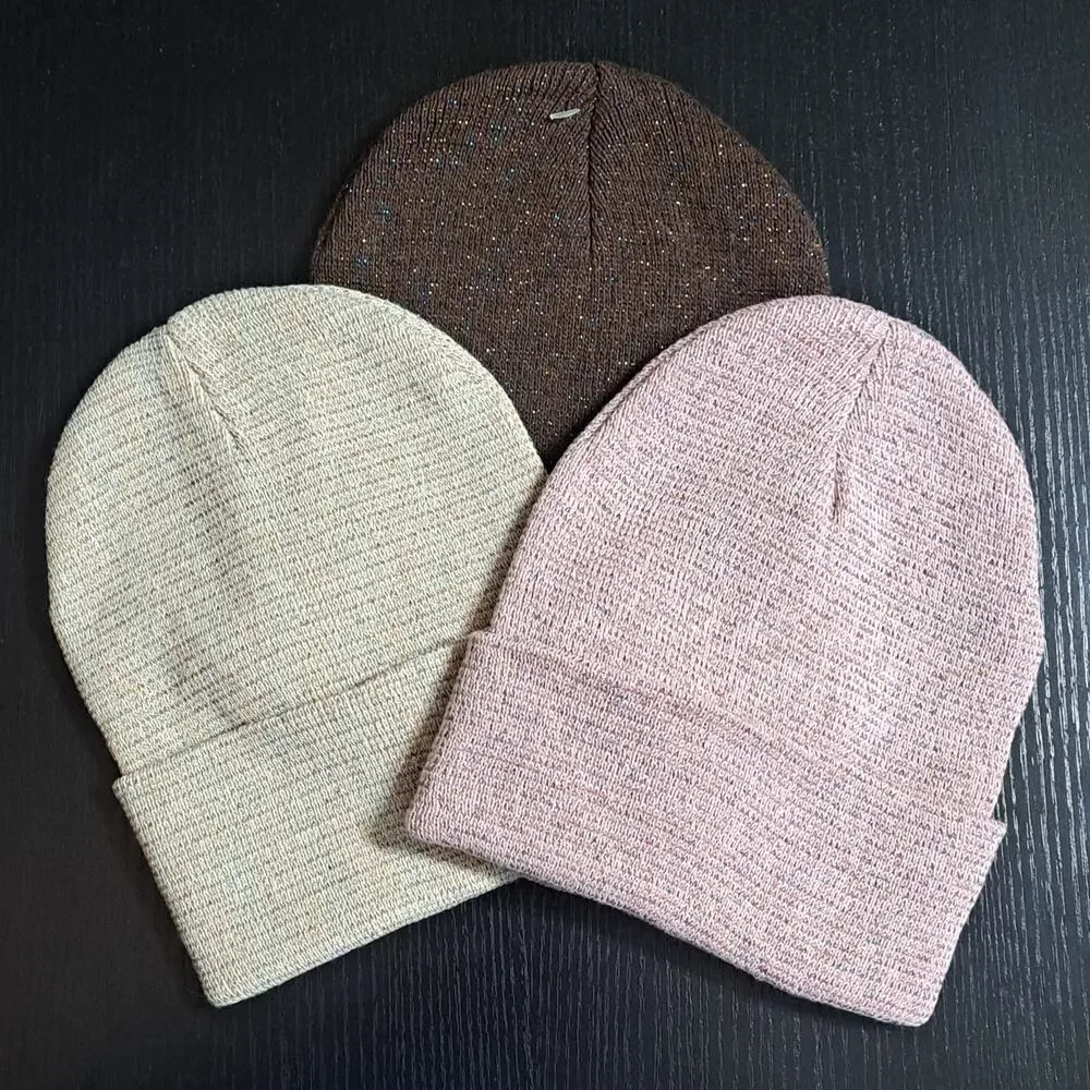 3 Winter Knit Toboggan Beanie Hats Solid Color With Rainbow Sparkle Threads OSFM